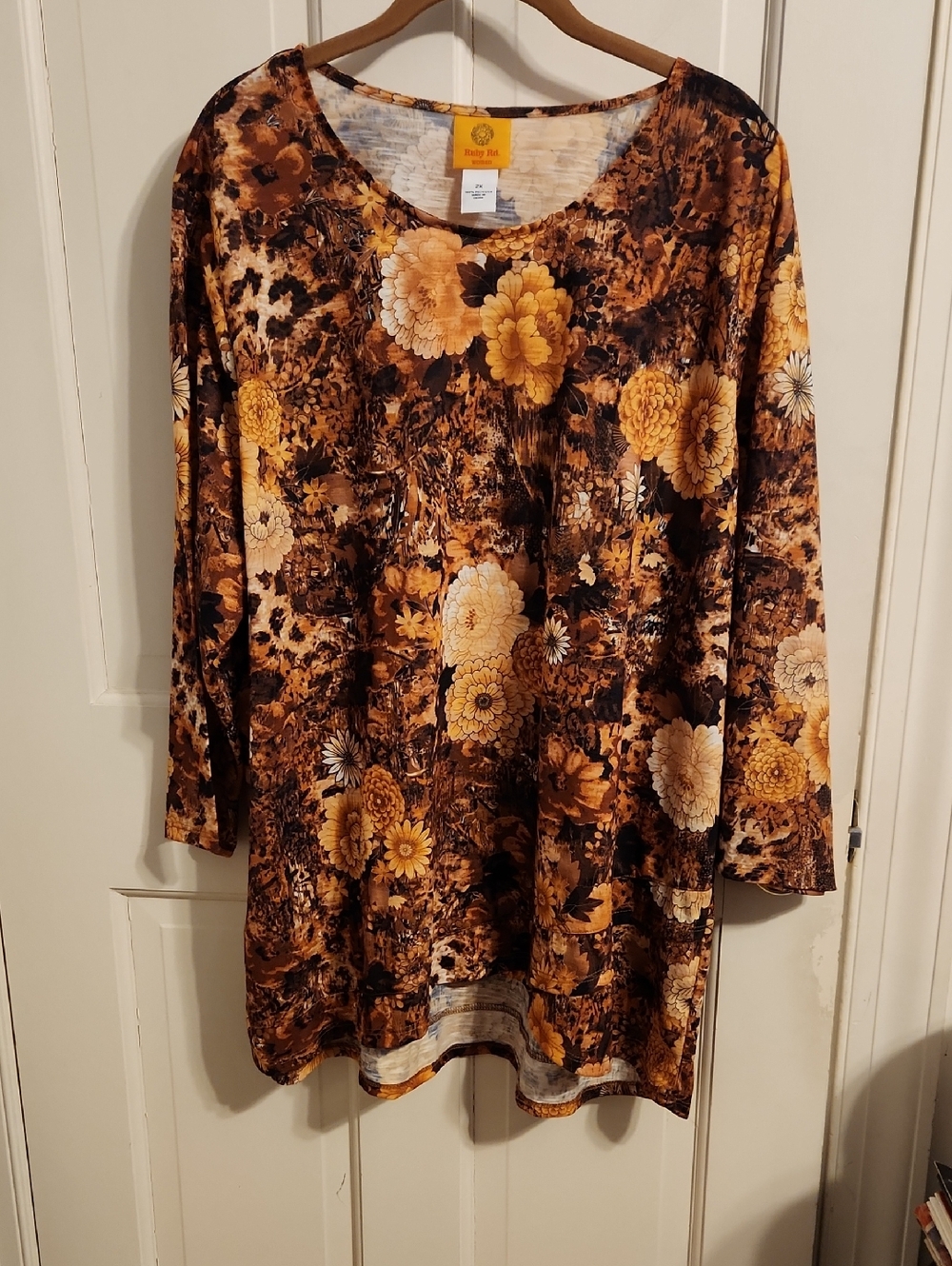 Ruby Rd. Floral Mix Top in Yellow and Brown 3/4 Length Sleeve